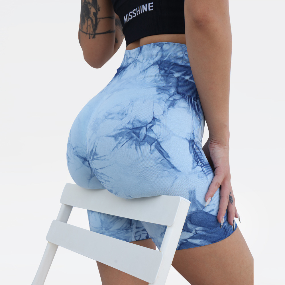 En stock sin costuras Peach Hip tie-dye pantalones cortos de yoga cintura alta slim fit Pantalones deportivos estiramiento transpirable pantalones cortos de fitness