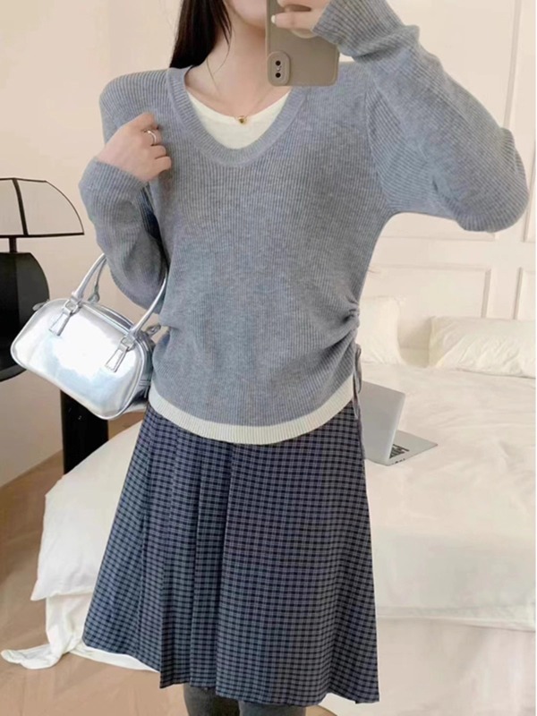 秋装女款2025年新款女士高级感假两件针织衫女高级感百搭拼接上衣|undefined