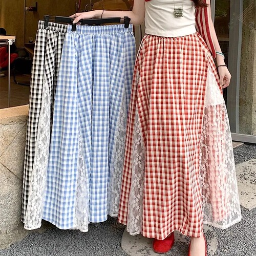 Korean Sweet Lace Patchwork Red Check Semi-Body Skirt 2025 Spring New College Style Full-Skirted A-Line Dress