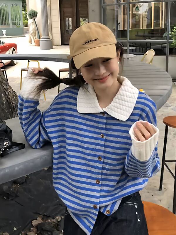 小香风条纹polo领长袖毛衣针织衫女早秋季慵懒松弛感穿搭外套上衣|undefined