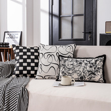 现代简约高级感黑白pu靠枕轻奢家居卧室床头雪尼尔提花靠垫抱枕套