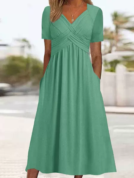 2024 Cross-Border Aliexpress Brand New Dress Autum Style Women's Pullover Pure Color Short-Sleeved Round Neck Umbrella Skirt