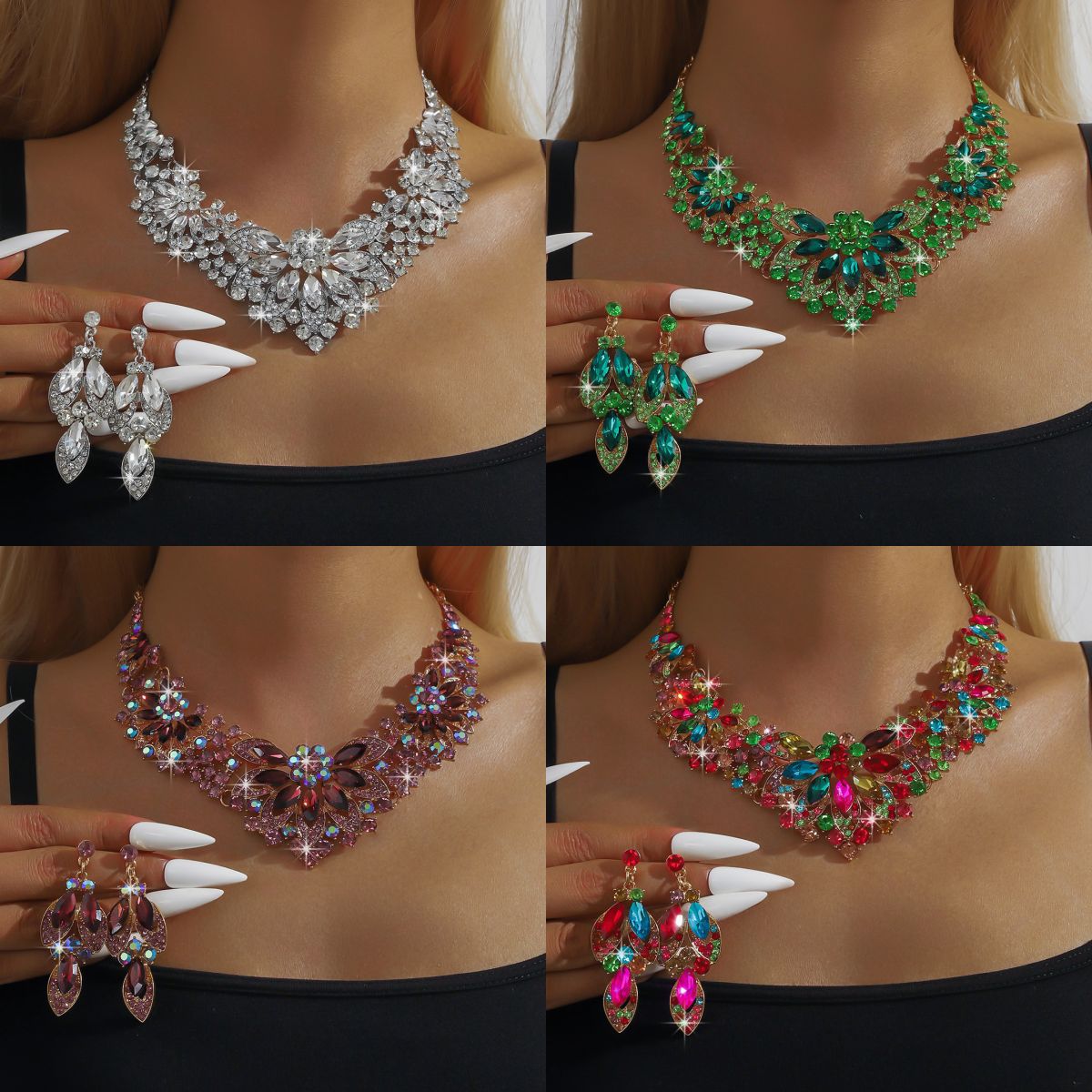 Cross-border luxury colored rhinestone necklace set, vintage ball gown accessories, bridal wedding necklace and earring set