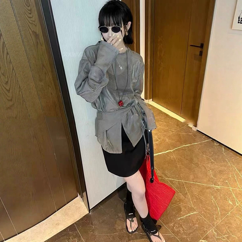 Irregular Black Round Neck Slit Thin Long-Sleeved Shirt for Women Summer Loose Casual Sun Protection Top-2717 Irregular Black Round Neck Slit Thin Long-Sleeved Shirt for Women Summer Loose Casual Sun Protection Top-2717