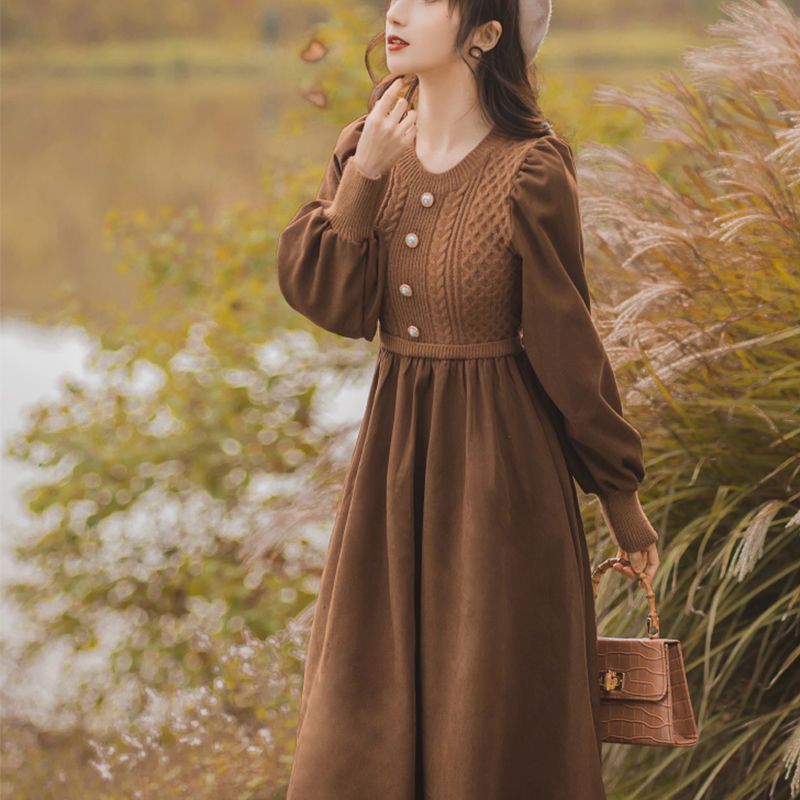 加厚红色连衣裙秋冬新款针织毛衣裙女圆领配大衣打底红裙子中长款|undefined