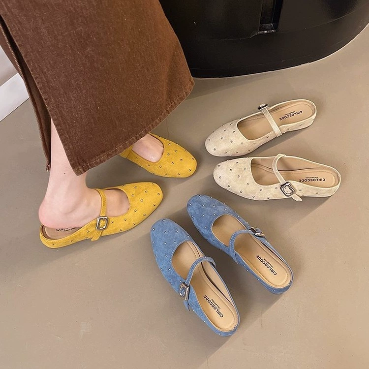 Женские туфли-мюли Evening Breeze Rivet Mary Jane с открытым носком, на массивном каблуке, с мягкой подошвой и открытой пяткой, новинка 2025 года.