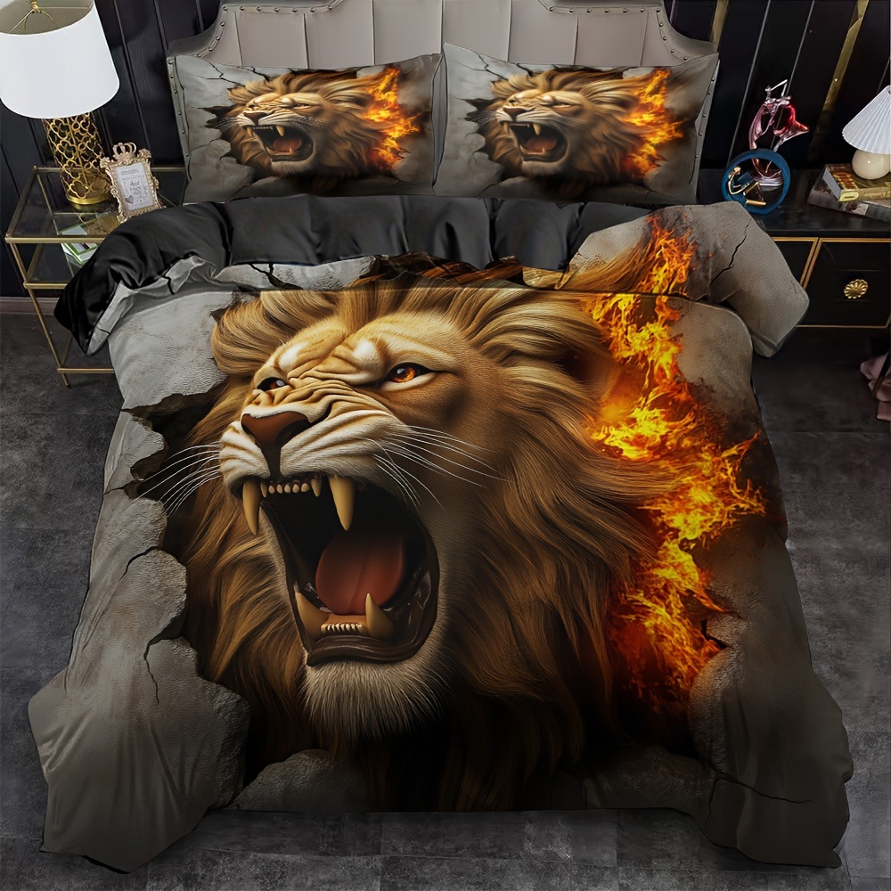 TEMU / JIT abrasión digital impresión cama colcha de cama pro-piel kit textil casero frío negro patrón de león fábrica fuente