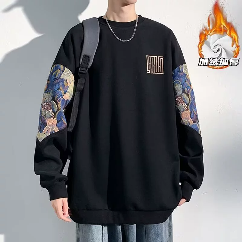 Свитер на флисовой подкладке в национальном стиле мужской осень и зима 2023 новое национальное модное пальто с вышивкой больших размеров с капюшоном и круглым вырезом верхняя одежда