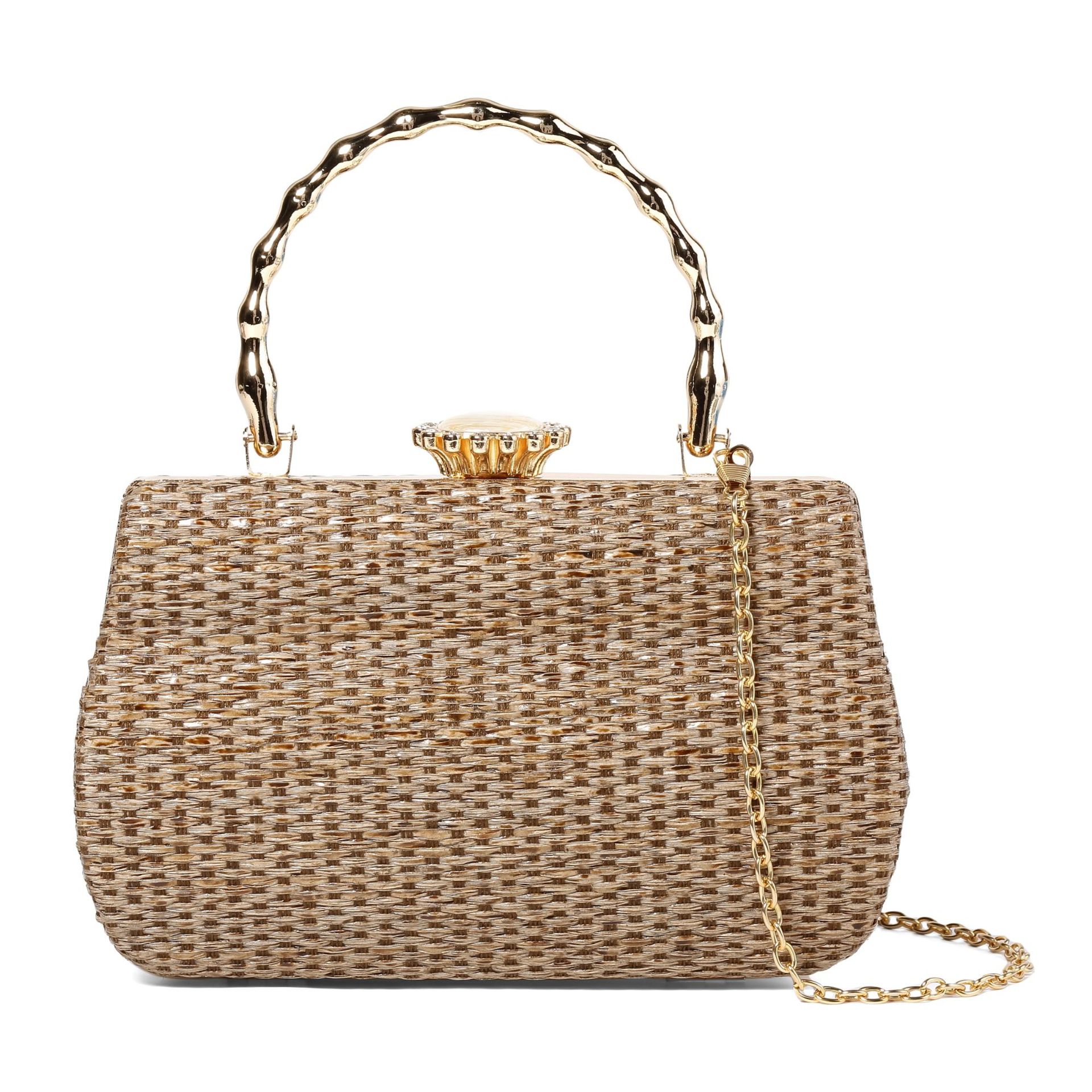 322g Weight Lock clasp Closure Type Ring Handle, Chain Strap Type Evening Bag, Box bag Bags Type Casual Occasion Straw Material Solid Color Pattern All Seasons Season Women's Gender Elegant Style Square Shape Women's Straw Solid Color Elegant Square Lock Clasp Evening Bag Box Bag 16