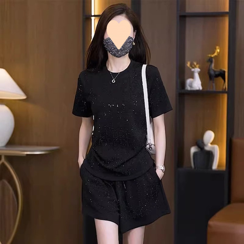 Fashionable hot drilling casual sports suit 2025 summer young Western-style short-sleeved shorts lazy style slimming two-piece set