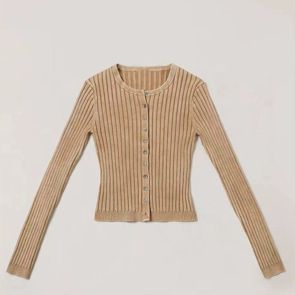 SK wild retro knitted cardigan stonewashed button thread slim top for outer wear