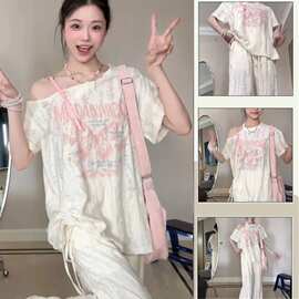 纯欲风露肩抽绳短袖女T恤夏季ins宽松时尚印花小众别致设计感上衣