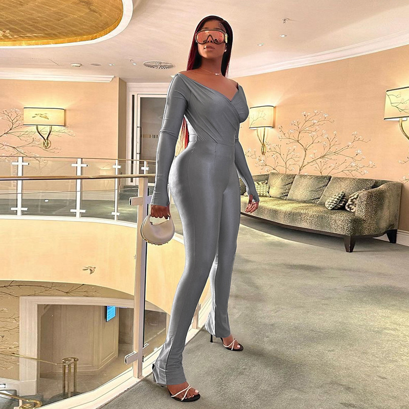 Damen Jumpsuit Schulterfrei Mit Hoher Taille Enges Sportset_voghion.com