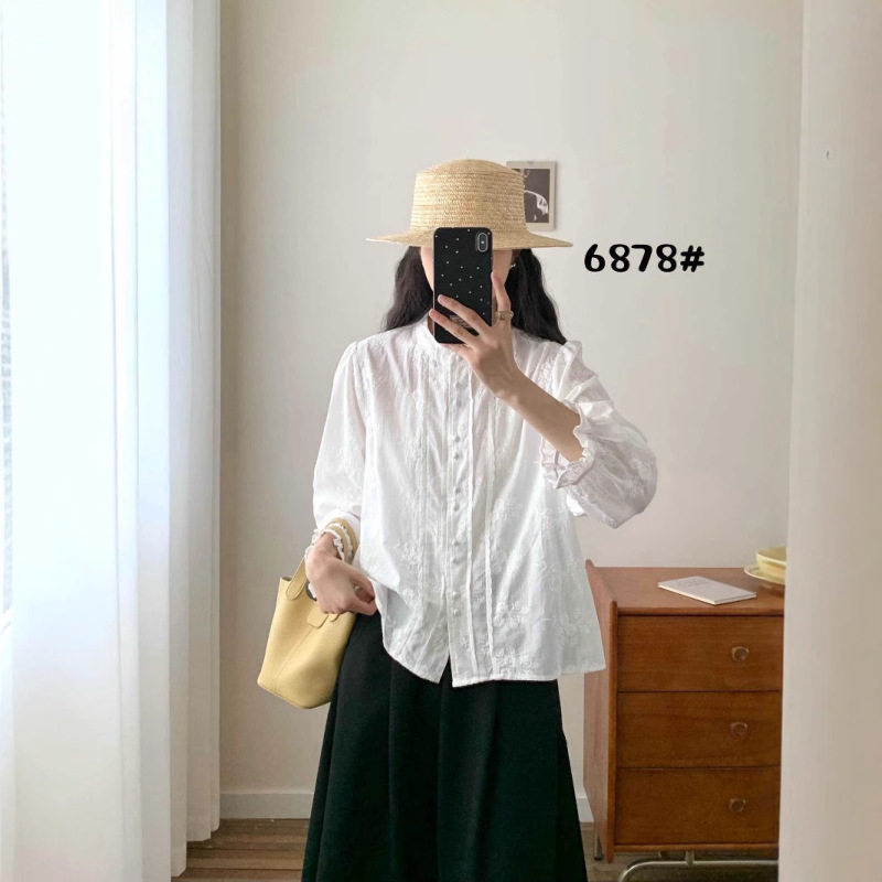 琪镌绘制秋季韩版圆领刺绣单排扣宽松女长袖衬衫甜美显瘦上衣6878|undefined