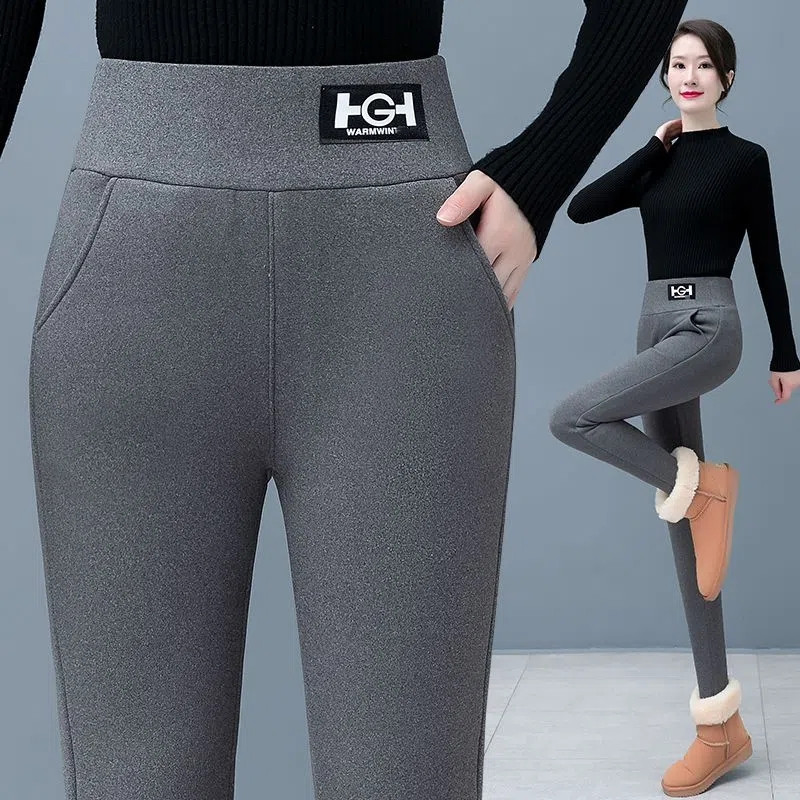 Tiktok popular 500g de espesor HG bolsillo de lana de cordero polainas de las mujeres del otoño y el invierno de lana gruesa desgaste exterior Delgado lápiz Pantalones