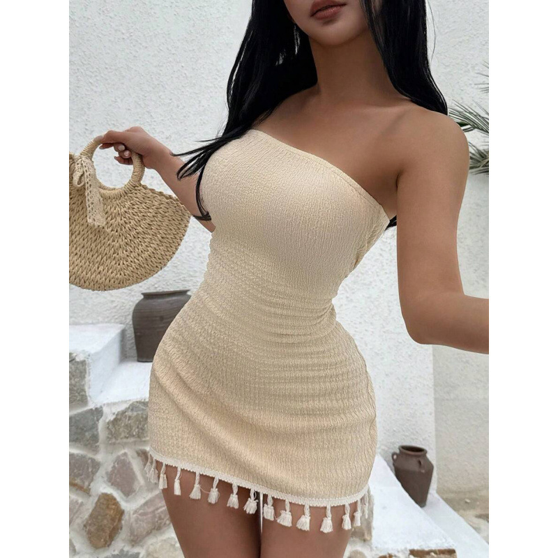 D 11894 comercio exterior transfronterizo tela de textura sexy sin cinturón de hombro vestido de costura de borda