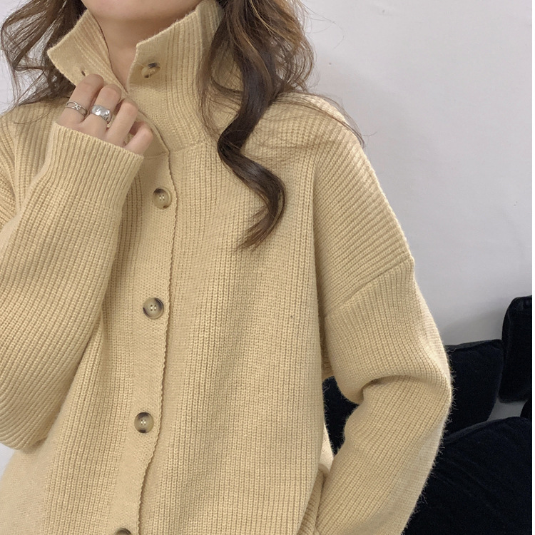 Lazy Style High Neck Thickened Sweater Coat Women's Autumn and Winter Slimming Mid-length Knitted Cardigan Top Black