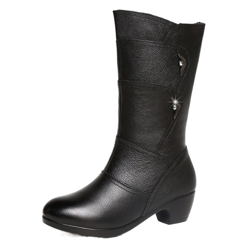 Botas de cuña de las mujeres botas de media pantorrilla de tacón bajo Martin botas de una sola capa plana más el tamaño de lana forrada a media pantorrilla botas de cuero suave madre otoño