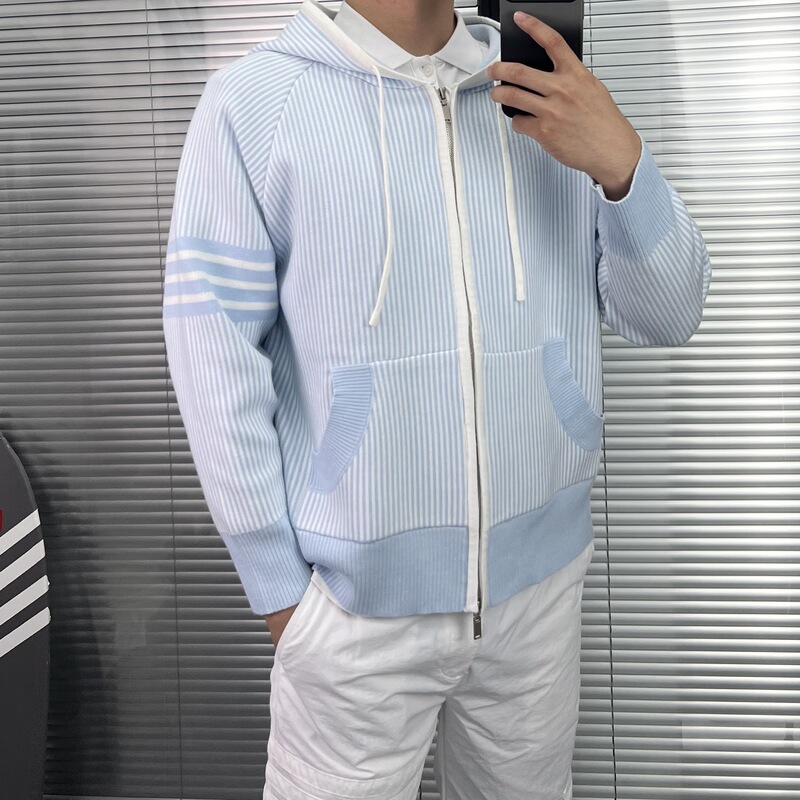 [Tb] Factory Direct Sales High Version Spring and Autum Four-Bar Pinstripes Long-Sleeved Zipper Wool Men's Hooded Sweater