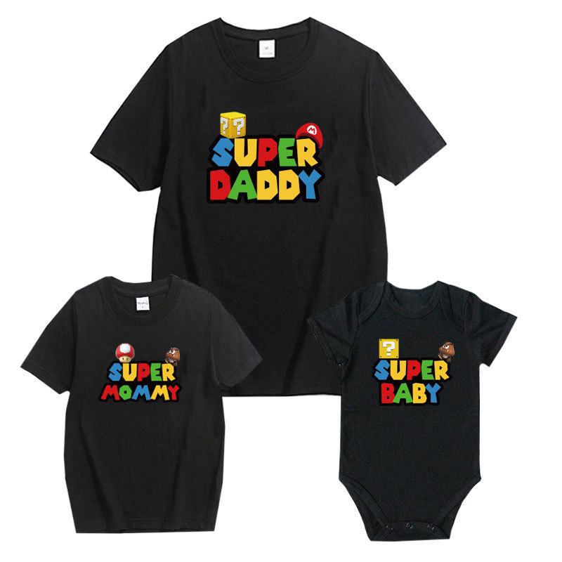 Moda de dibujos animados lindo manga corta hombres padre-niño ropa de clase camiseta suelta estilo coreano impreso Super Mary camiseta mujeres