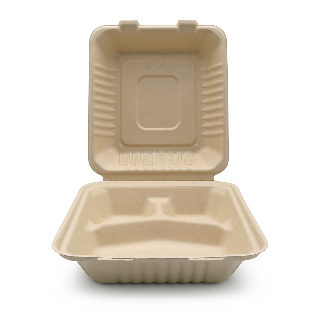 Shaogeng oasis Pulpa de caña de azúcar Pulpa de bambú de 8 pulgadas 3-rejilla caja de almuerzo caja de bloqueo ecológico vajilla desechable degradable compostable