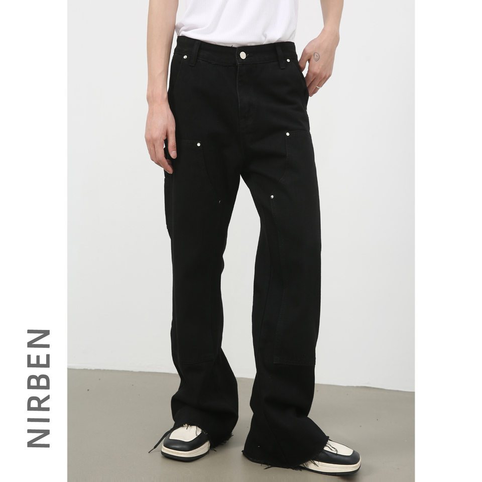 Quần jean nam ống suông phối khóa kéo phong cách Hàn, quần dài denim mềm mại — Màu đen