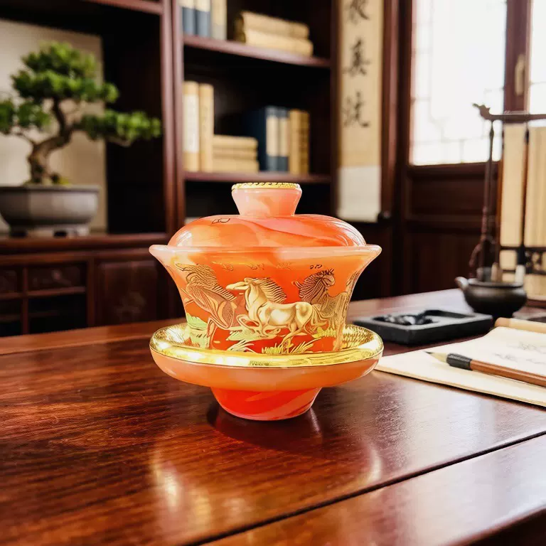 琉璃三才盖碗 镶金盖碗新中式盖碗 茶具 套装 手绘 礼品茶具