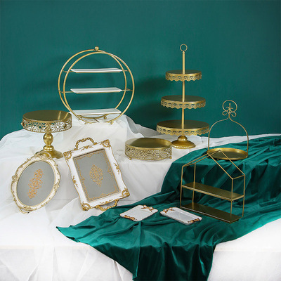 Tabla de postres de estilo europeo, estante de exhibición de bodas, banquete de bodas, estante de pastel, estante de té de la tarde, estante de golden snack set de 7 piezas