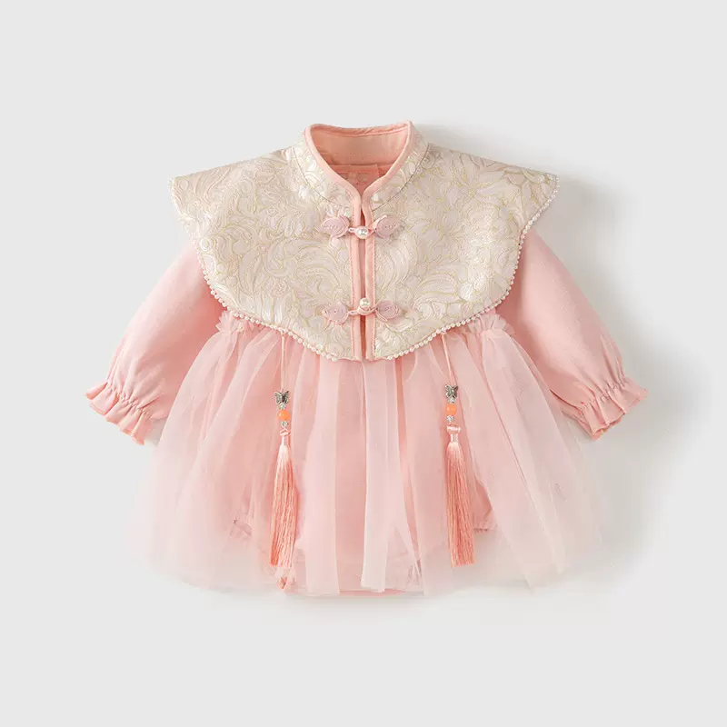 婴儿衣服春秋女宝宝百天抓周中式包屁衣长袖a类服装周岁礼服裙子