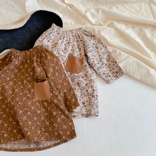 Korean Children's Spring and Autumn Floral Pocket Dress Retro Style Sweet Little Dress 2024