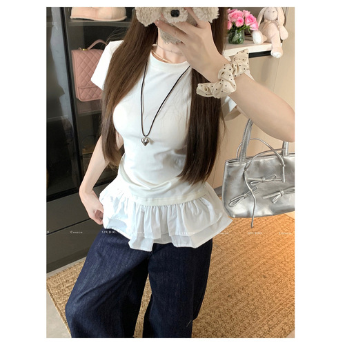 MR【Cotton】 French Ruffle Hem Spliced White Short Sleeve T-Shirt Women's Summer Slim Fit Straight Shoulder Top 