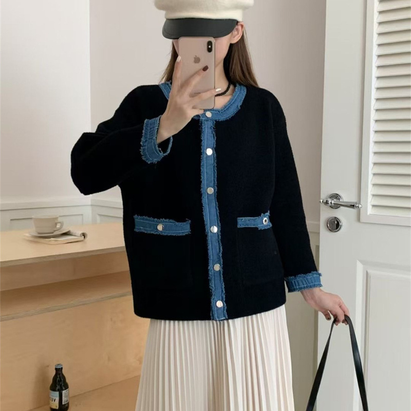 欧美跨境牛仔拼接毛衣外套女宽松慵懒休闲撞色单排扣针织开衫上衣|undefined