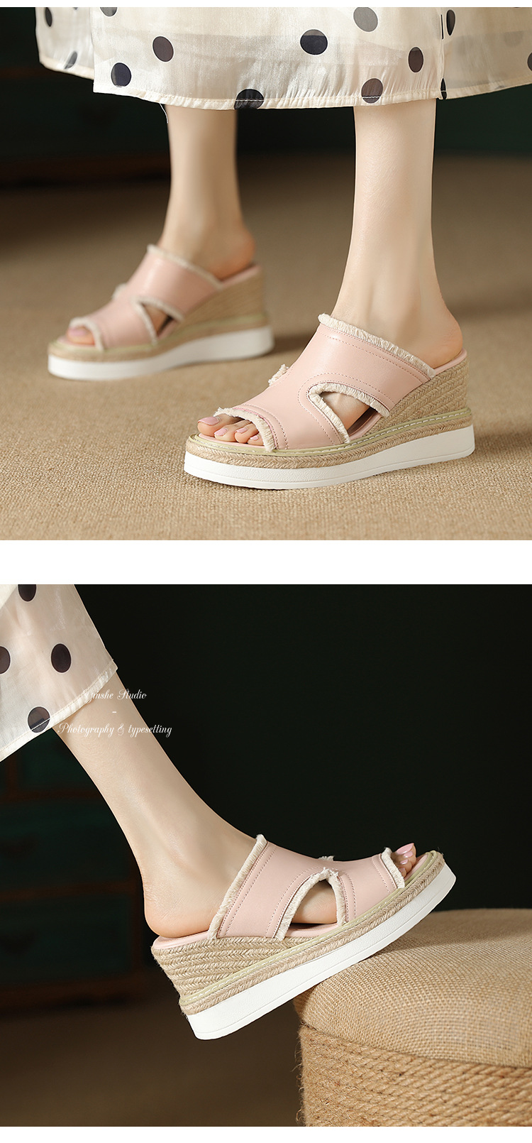Dép sandal nữ quai ngang đế cao bện rơm mũi hở gót 9 cm — màu be, màu hồng nhạt chi tiết 6