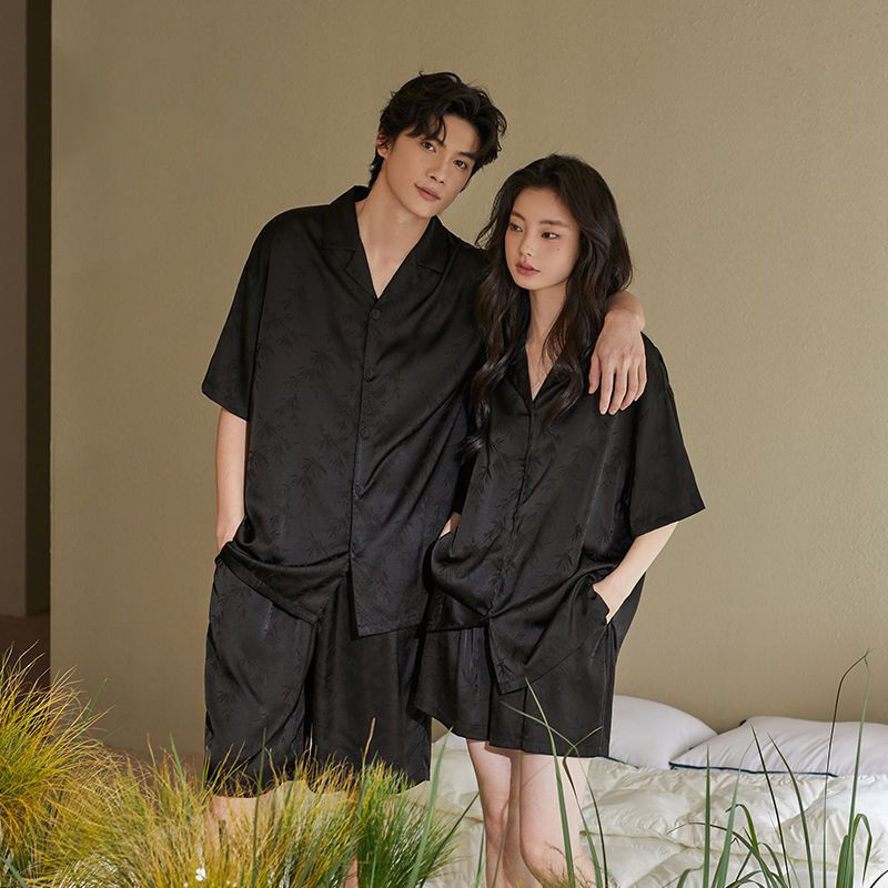 Couple Pajamas Women's Summer Ice Silk Short-Sleeved Shorts Silk Home Clothes Men's Summer Black High-End