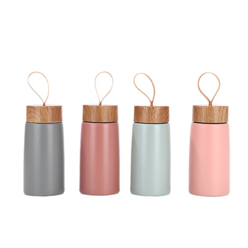 Taza térmica de acero inoxidable 304 - Doble capa al vacío - Tapa de madera estilo japonés - Portátil y mini - Ideal para regalo