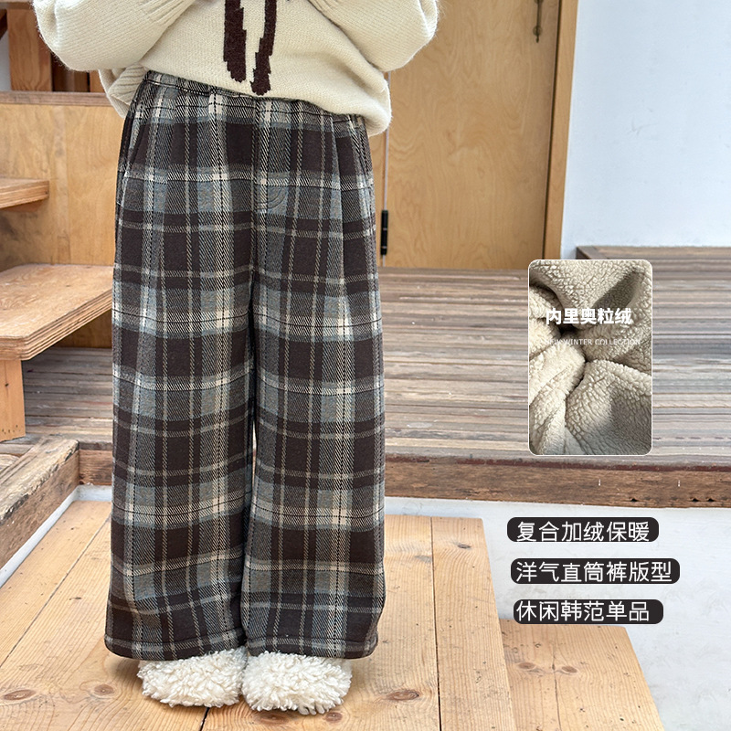 【加绒】艾摩贝贝童裤女童韩版保暖加厚休闲毛呢裤时髦格子直筒裤