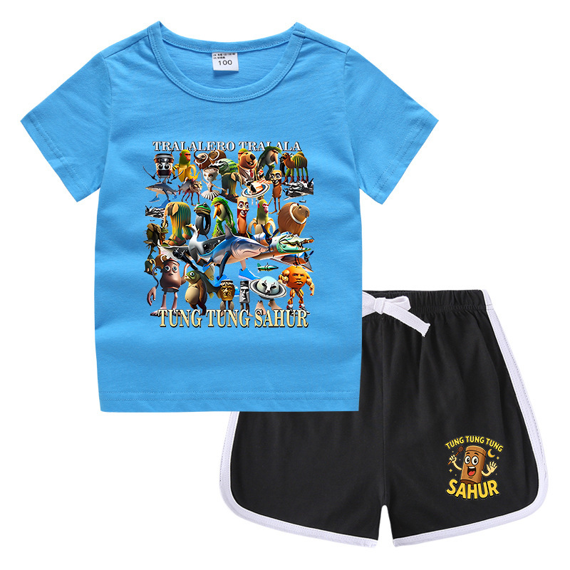 夏男の子服娘ラウンドネック Tシャツホットパンツ韓国風カジュアル半袖ボトムシャツスポーツ学生ショーツスーツ|undefined