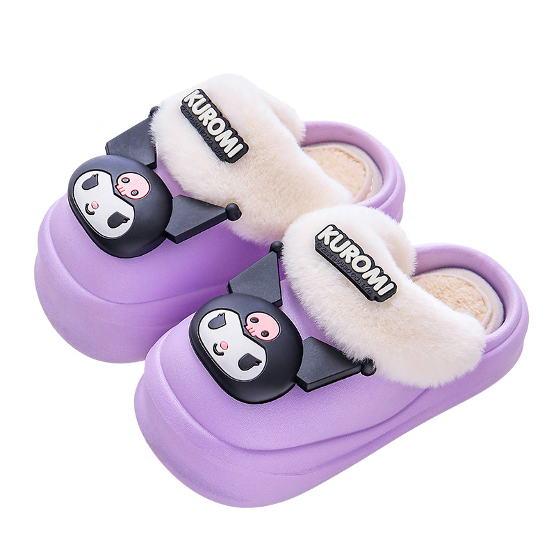 Sanrio Winter Zapatillas de algodón para niños, niños y niñas, cálidos y peludos, zapatos de algodón para el hogar con tacón de bolso Kulomi impermeable