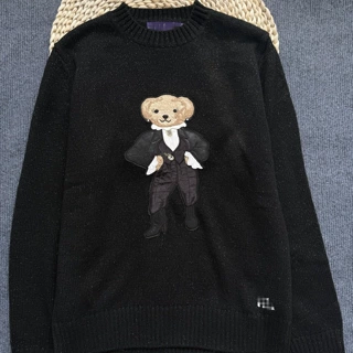 RL 26秋冬新款羊毛小熊金丝线重工刺绣卡通圆领休闲毛衣女潮牌