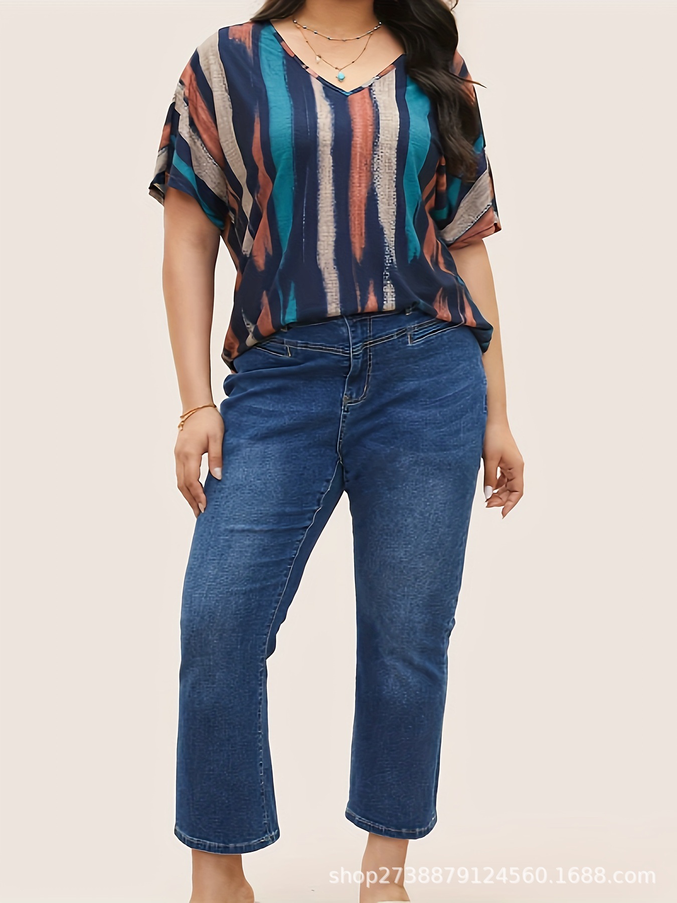 Europa y los Estados Unidos transfronterizos camisetas de tamaño grande para mujeres 2026 verano nuevo Amazon impresión casual suelta v-collar chaqueta de mujer