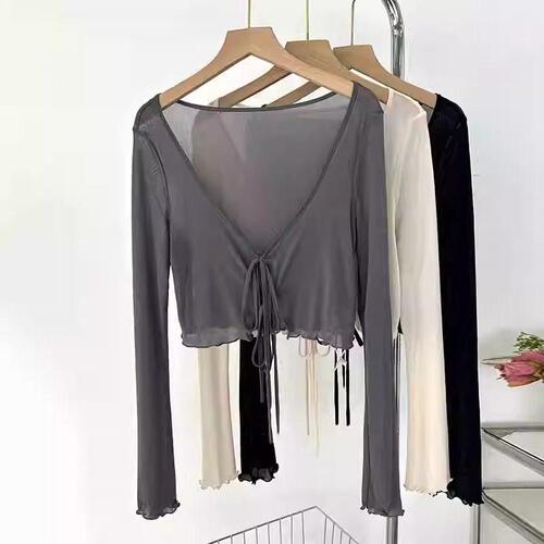 Design with lace sun-drying cardigan for women's spring and summer 2025 suspender skirt with mesh shawl blouse fungus top
