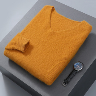 Autumn and winter men's V-neck mink sweater solid color pullover sweater plus size warm base knitted cross-border wool sweater