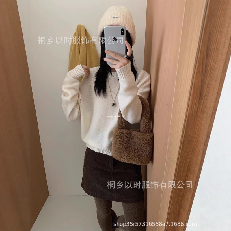 以时 圆领打底羊毛衫 韩系简约25秋冬季新款纯色百搭针织羊毛衫女|undefined