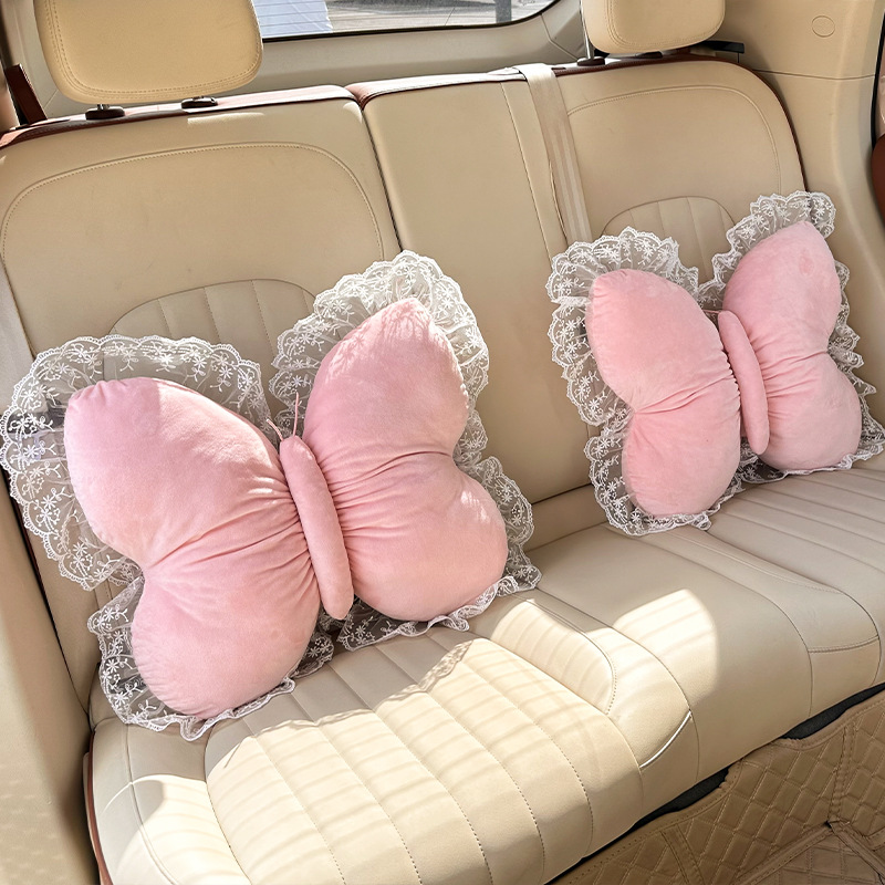 2026 New Car Accessories Plush Butterfly Headrest and Lumbar Support Pink Headrest and Lumbar Support
