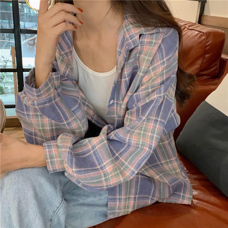 格子衬衣女韩系设计感小个子春秋复古百搭宽松衬衫防晒内搭外套|undefined