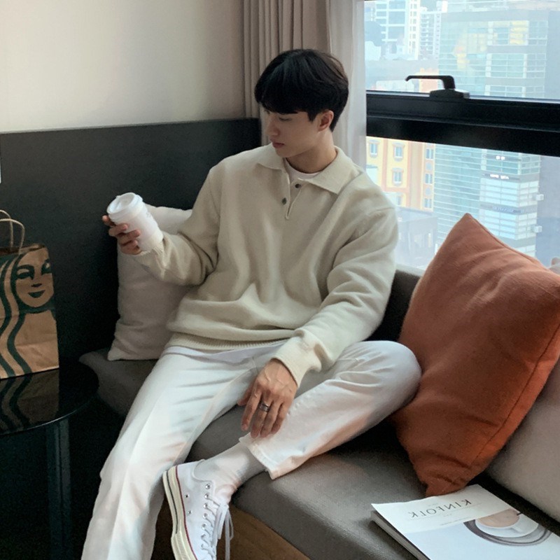トレンドの新しい東大門韓国メンズラペルセーター男性デザイナーポロネック肌に優しいルーズニットセーター