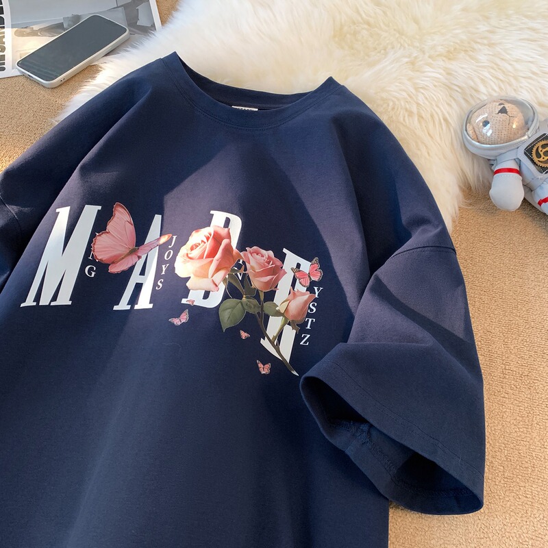 Butterfly Rose Short-sleeved Men's Summer National Fashion American Heavy-weight Half-sleeved Pure Cotton plus size oversize Loose T-shirt