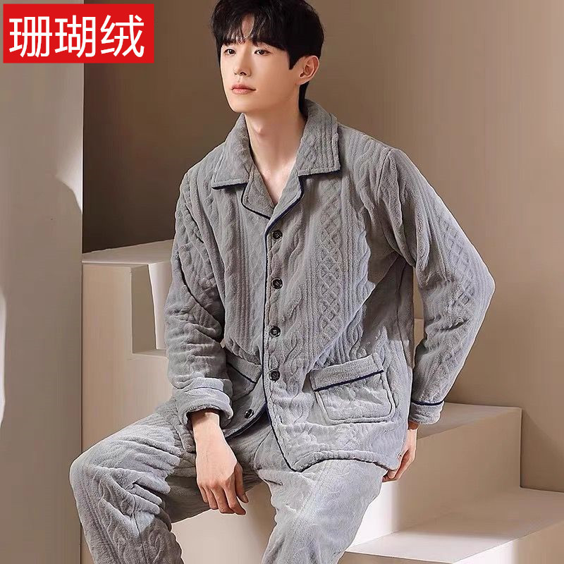 Pijamas de coral de lana de invierno para hombres con lana de invierno engrosado otoño invierno conjunto de ropa de franela 2025 nuevo