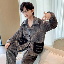 男童睡衣提花法兰绒加厚秋冬款中大儿童休闲家居服翻领开衫两件套