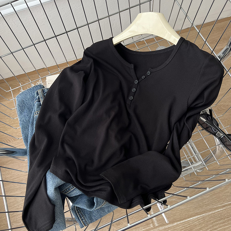 螺纹棉扣子V领长袖T恤女春秋新款修身显瘦坑条内搭打底衫百搭上衣|undefined